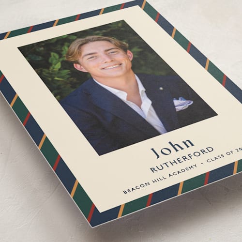 This is a navy graduation announcements with standard by Sarah Rosenthal called belmont printing on recycled smooth signature in standard