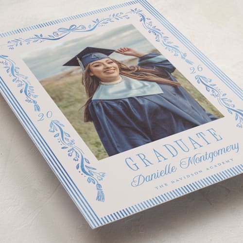 This is a sky graduation announcements with standard by Petra Kern called hats down printing on recycled smooth signature in standard