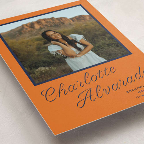 This is a tangerine graduation announcements with standard by Megan Davis called cotillion printing on recycled smooth signature in standard