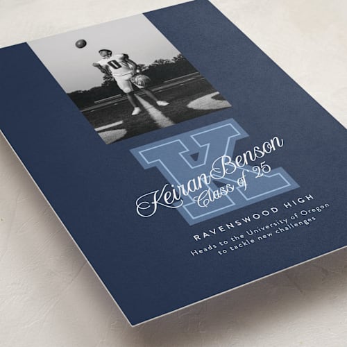 This is a nightshade graduation announcements with standard by Leia Matt called varsity initial printing on recycled smooth signature in standard
