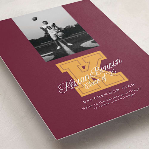 This is a maroon graduation announcements with standard by Leia Matt called varsity initial printing on recycled smooth signature in standard