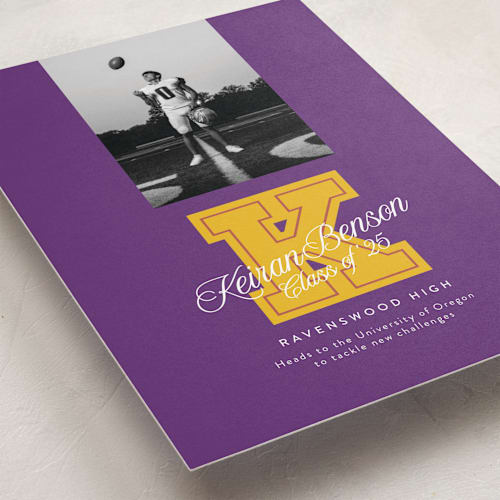 This is a violet graduation announcements with standard by Leia Matt called varsity initial printing on recycled smooth signature in standard
