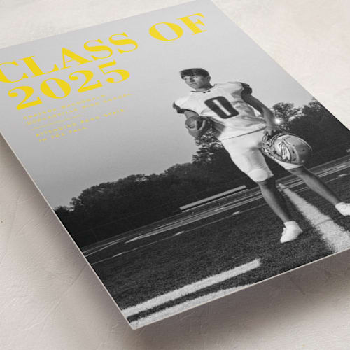 This is a lemon graduation announcements with standard by Emily Sabol Goss called bold headline printing on recycled smooth signature in standard