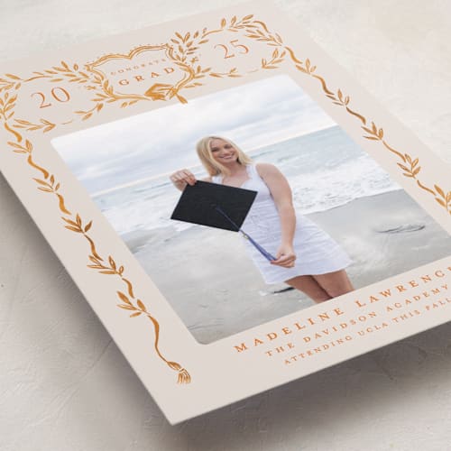 This is a tangerine graduation announcements with standard by Petra Kern called grad crest printing on recycled smooth signature in standard