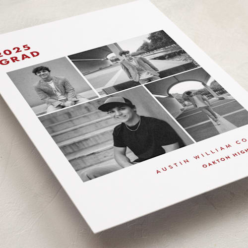 This is a crimson graduation announcements with standard by Olivia Raufman called fourth quarter printing on recycled smooth signature in standard