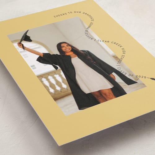 This is a buttercup graduation announcements with standard by Pati Cascino called celebra printing on recycled smooth signature in standard