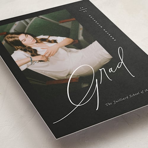 This is a midnight graduation announcements with standard by Christie Garcia called theatric printing on recycled smooth signature in standard