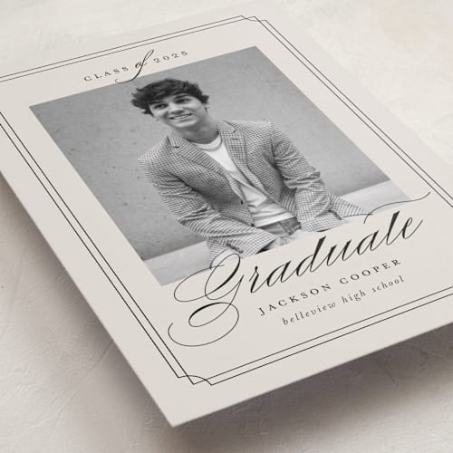 This is a taupe graduation announcements with standard by Ashley Iwafuchi called refined grad printing on recycled smooth signature in standard