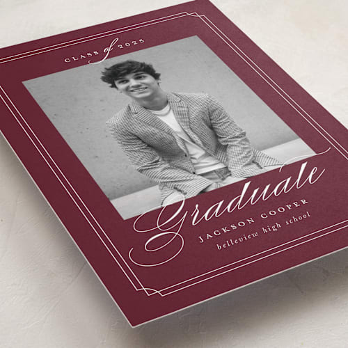 This is a maroon graduation announcements with standard by Ashley Iwafuchi called refined grad printing on recycled smooth signature in standard