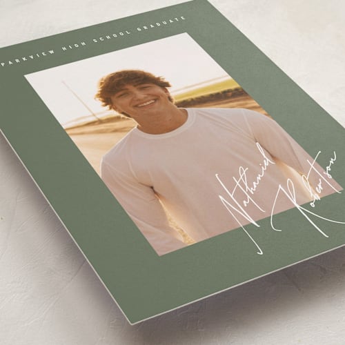This is a sage graduation announcements with standard by Stacy Maalouf called grad signature printing on recycled smooth signature in standard