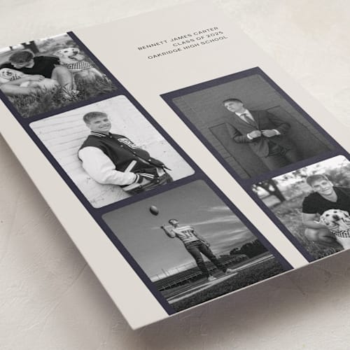 This is a navy graduation announcements with standard by taylorVdesign called highlight reel printing on recycled smooth signature in standard