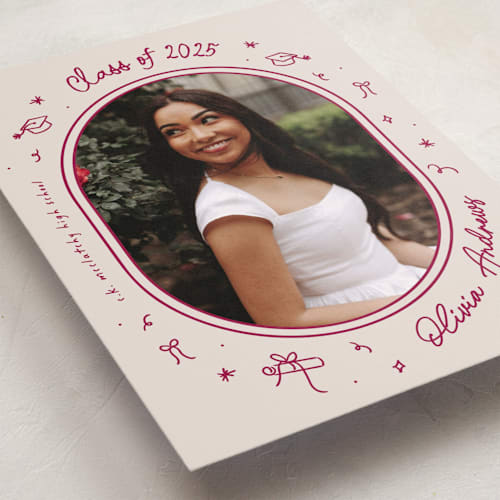 This is a raspberry graduation announcements with standard by Ashley Iwafuchi called illustrated grad printing on recycled smooth signature in standard