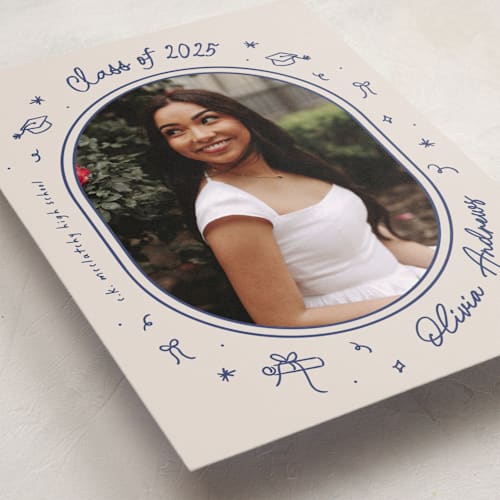 This is a pool graduation announcements with standard by Ashley Iwafuchi called illustrated grad printing on recycled smooth signature in standard