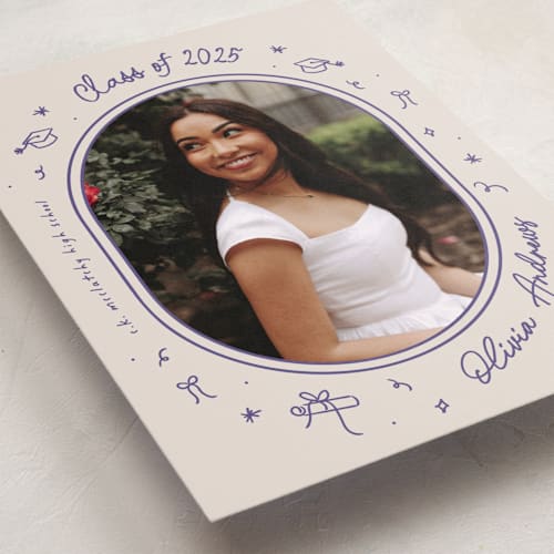This is a orchid graduation announcements with standard by Ashley Iwafuchi called illustrated grad printing on recycled smooth signature in standard