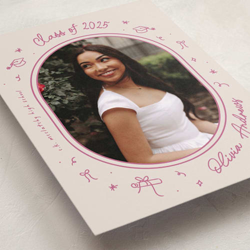 This is a bubblegum graduation announcements with standard by Ashley Iwafuchi called illustrated grad printing on recycled smooth signature in standard