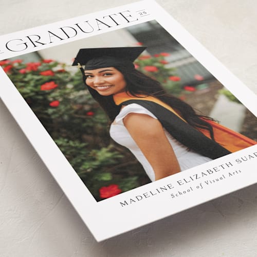 This is a snow graduation announcements with standard by Nicoletta Savod called newsprint printing on recycled smooth signature in standard