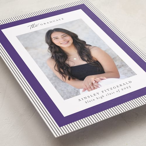 This is a plum graduation announcements with standard by Jackie Crawford called modern striped frame printing on recycled smooth signature in standard