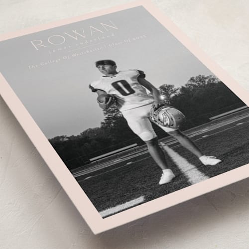 This is a blush graduation announcements with standard by Deynaaz Daraei called balzac printing on recycled smooth signature in standard