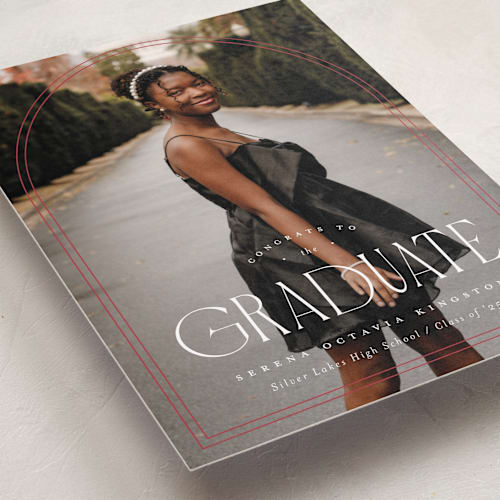 This is a crimson graduation announcements with standard by Carmia Jordaan called brilliant day printing on recycled smooth signature in standard