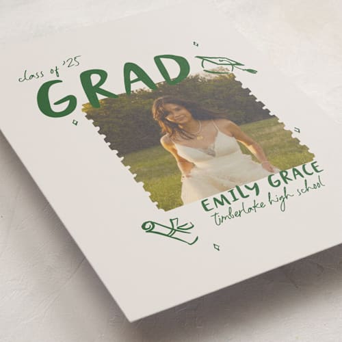 This is a avocado graduation announcements with standard by Vera Lim called playful printing on recycled smooth signature in standard