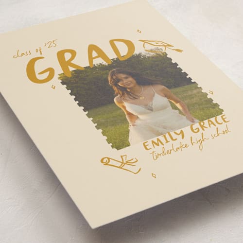 This is a mustard graduation announcements with standard by Vera Lim called playful printing on recycled smooth signature in standard