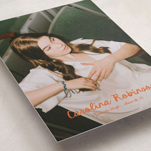 This is a mango graduation announcements with standard by Gwen Bedat called the edge printing on recycled smooth signature in standard