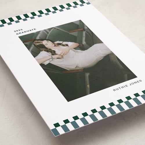 This is a pine graduation announcements with standard by Rachel Cassel called checked out printing on recycled smooth signature in standard