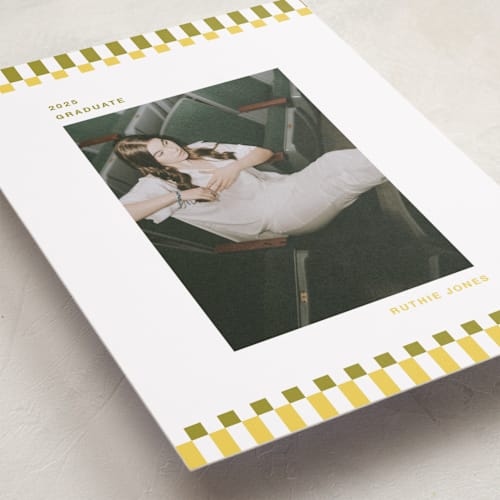 This is a lemondrop graduation announcements with standard by Rachel Cassel called checked out printing on recycled smooth signature in standard