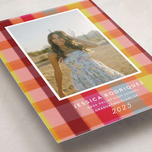 This is a ruby graduation announcements with standard by Kat Roberts called rainbow plaid printing on recycled smooth signature in standard