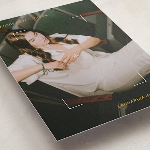 This is a golden graduation announcements with standard by Meggy Masters called focus printing on recycled smooth signature in standard