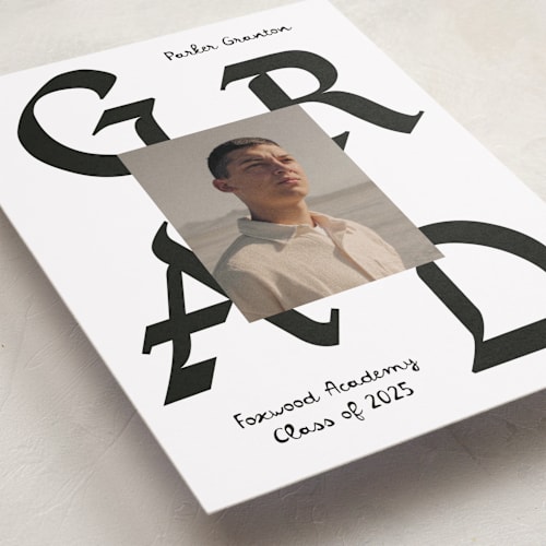 This is a cotton graduation announcements with standard by Chryssi Tsoupanarias called calligraphic ink printing on recycled smooth signature in standard