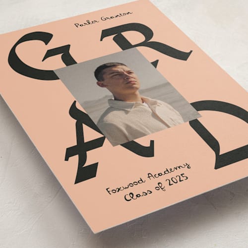 This is a terracotta graduation announcements with standard by Chryssi Tsoupanarias called calligraphic ink printing on recycled smooth signature in standard