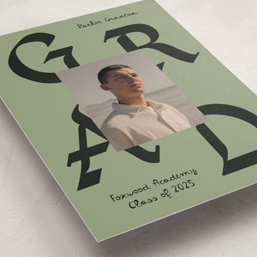 This is a moss graduation announcements with standard by Chryssi Tsoupanarias called calligraphic ink printing on recycled smooth signature in standard
