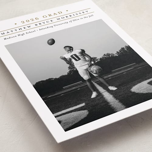 This is a golden graduation announcements with standard by Erica Krystek called modern grid printing on recycled smooth signature in standard