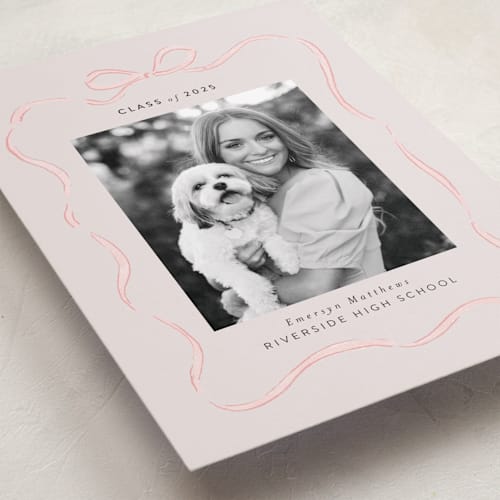 This is a blush graduation announcements with standard by Itsy Belle Studio called ribbon frame printing on recycled smooth signature in standard