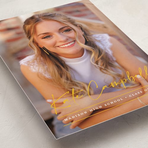This is a canary graduation announcements with standard by Erica Krystek called signature grad printing on recycled smooth signature in standard