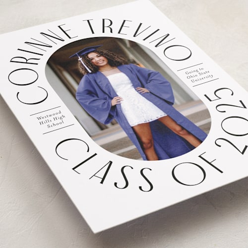 This is a classic white graduation announcements with standard by Cindy Reynolds called well rounded printing on recycled smooth signature in standard