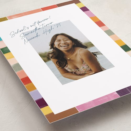 This is a indigo graduation announcements with standard by Sierra Lee called colorful scallop printing on recycled smooth signature in standard