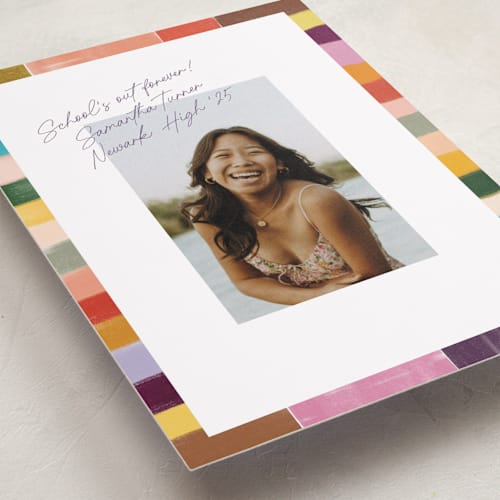 This is a mulberry graduation announcements with standard by Sierra Lee called colorful scallop printing on recycled smooth signature in standard