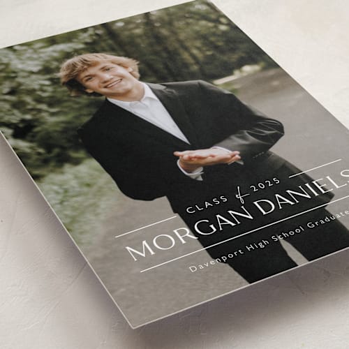 This is a eggshell graduation announcements with standard by Carolyn MacLaren called grad in overlay printing on recycled smooth signature in standard