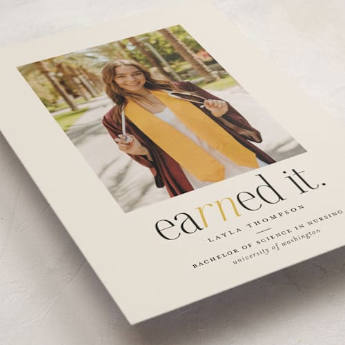 This is a marigold graduation announcements with standard by Louise Kay called earned it printing on recycled smooth signature in standard