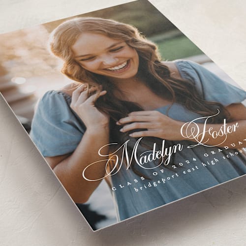 This is a salt graduation announcements with standard by Lea Delaveris called with a flourish printing on recycled smooth signature in standard