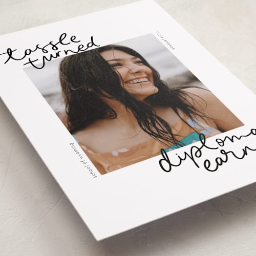 This is a noir graduation announcements with standard by Abbigail Lim called tassel turned, diploma earned printing on recycled smooth signature in standard