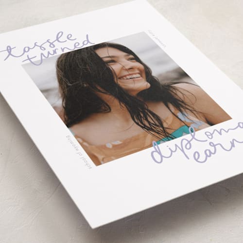 This is a lavender graduation announcements with standard by Abbigail Lim called tassel turned, diploma earned printing on recycled smooth signature in standard