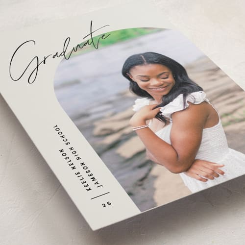 This is a vanilla graduation announcements with standard by Pixel and Hank called arc over printing on recycled smooth signature in standard