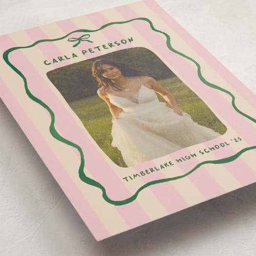 This is a raspberry matcha graduation announcements with standard by Vera Lim called whimsical stripes printing on recycled smooth signature in standard