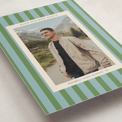 This is a seaside graduation announcements with standard by Morgan Kendall called preppy stripes printing on recycled smooth signature in standard