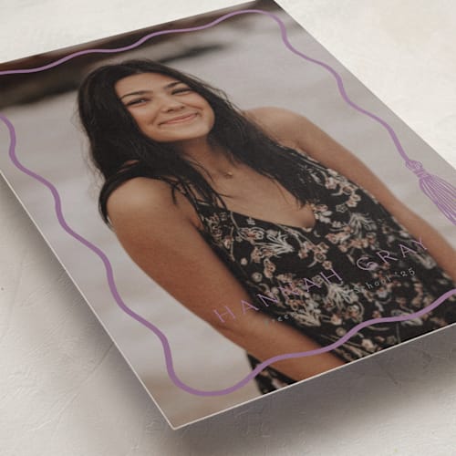 This is a orchid graduation announcements with standard by Susan Zinader called tassel scallop printing on recycled smooth signature in standard