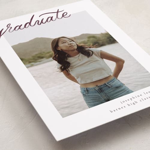 This is a bordeaux graduation announcements with standard by Ashley DeMeyere called alignment printing on recycled smooth signature in standard