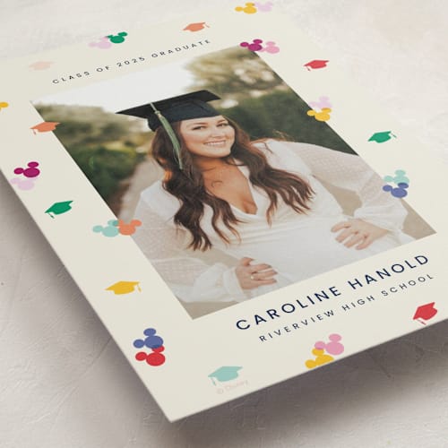 This is a multi graduation announcements with standard by Ellen Schlegelmilch called disney's mickey confetti printing on recycled smooth signature in standard